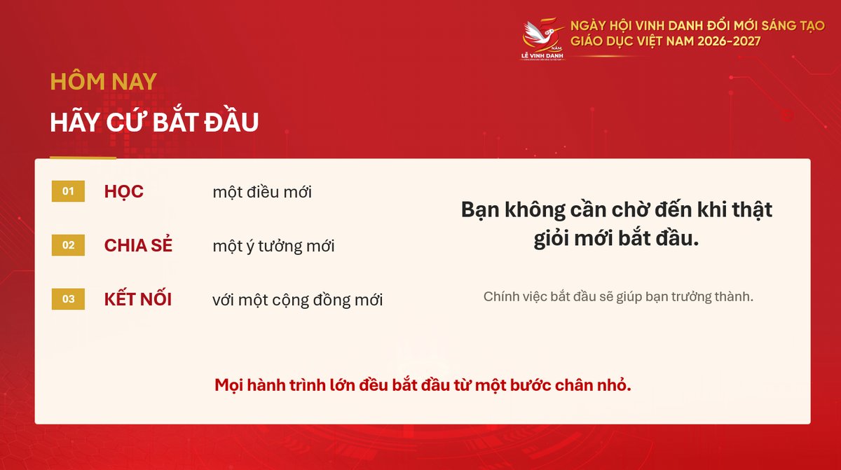 Thông điệp của TS. Dương Hoài Giang Hà: Hôm nay hãy cứ bắt đầu – học một điều mới, chia sẻ một ý tưởng mới, kết nối với một cộng đồng mới. Bạn không cần chờ đến khi thật giỏi mới bắt đầu.